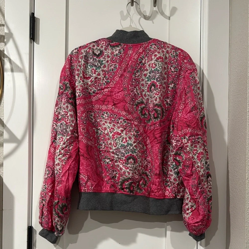 Free People Pink Paisley Bomber Jacket